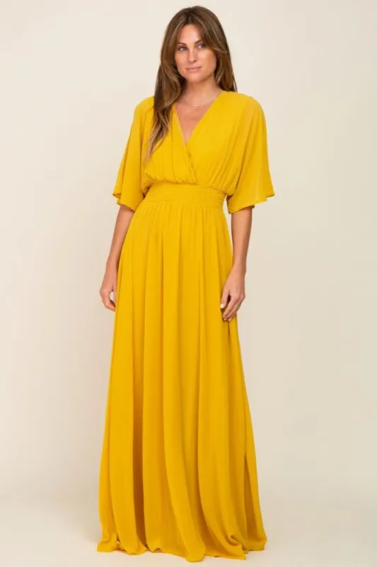 Yellow Chiffon V-Neck Smocked Waist Maxi Dress sold by Pinkblush