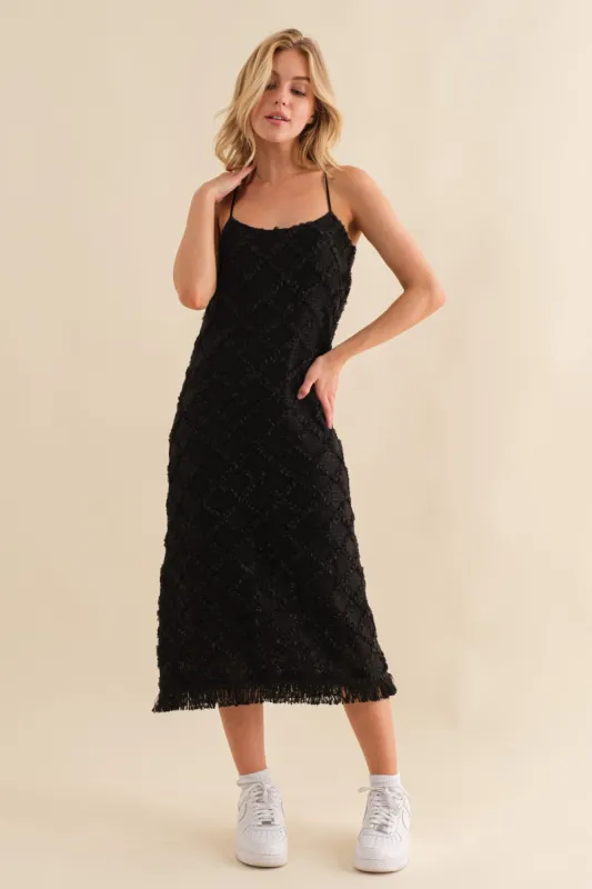 Black Fringe Mesh Midi Dress sold by Pinkblush