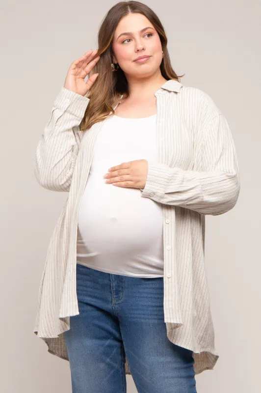 Beige Pinstriped Button-Down Linen Maternity Plus Tunic sold by Pinkblush