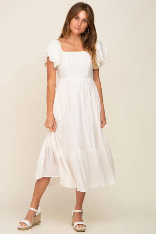 Cream Flutter Sleeve Midi Dress sold by Pinkblush