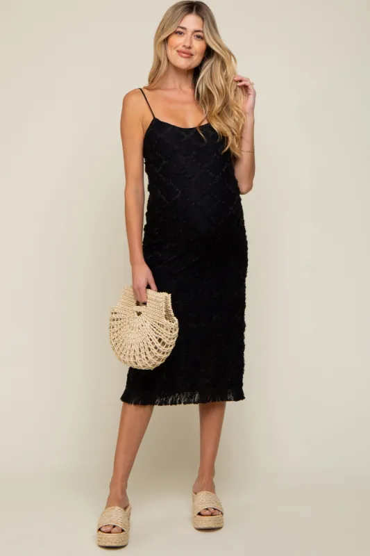 Black Fringe Mesh Maternity Midi Dress sold by Pinkblush