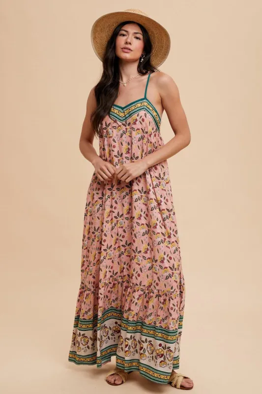 Pink Floral Border Print Lace Up Back Maxi Dress sold by Pinkblush