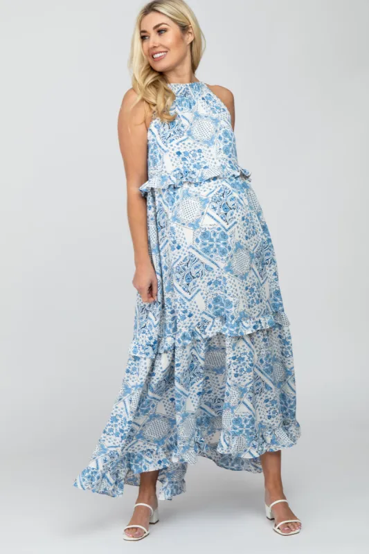 Blue Floral Paisley Print Tiered Maternity Maxi Dress sold by Pinkblush