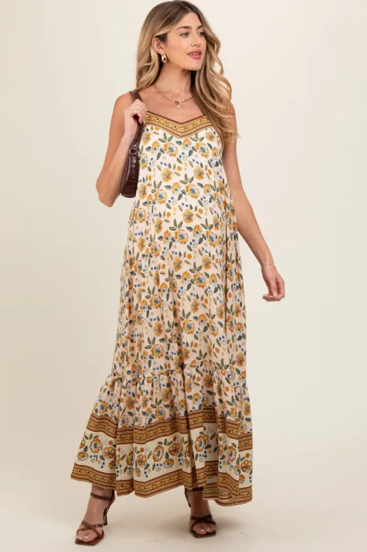 Cream Floral Border Print Lace Up Back Maternity Maxi Dress sold by Pinkblush