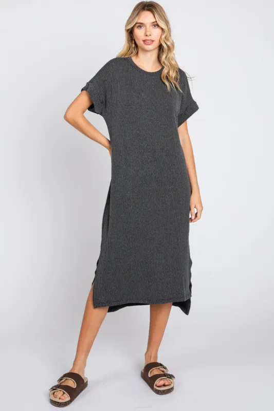Charcoal Ribbed Short Sleeve Midi Dress sold by Pinkblush