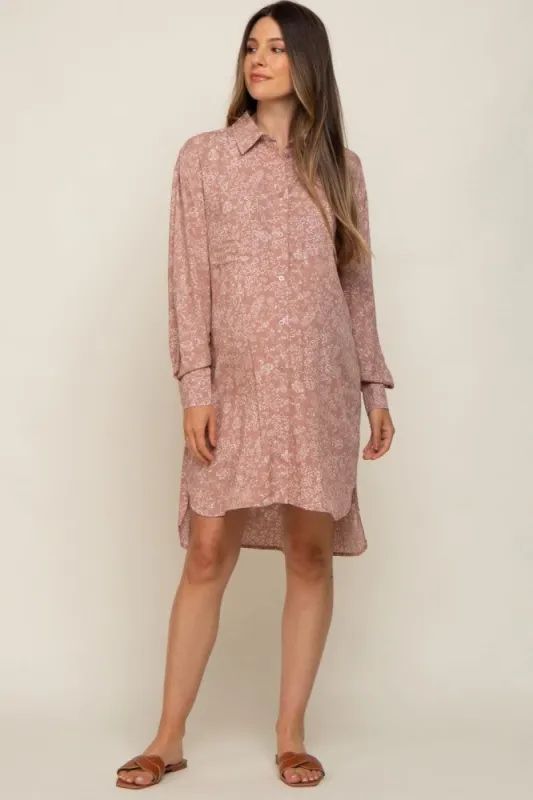 Mauve Floral Button Up Long Sleeve Maternity Dress sold by Pinkblush