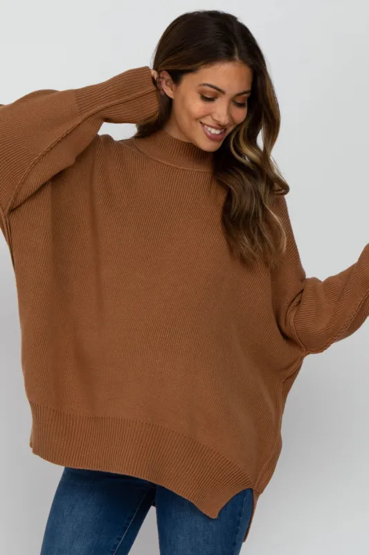 Camel Mock Neck Exposed Seam Maternity Sweater sold by Pinkblush