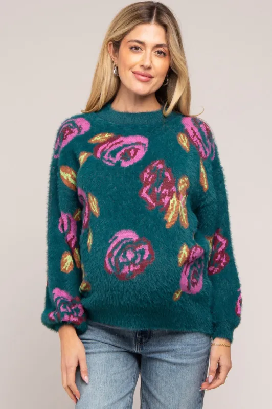 Dark Teal Floral Fuzzy Knit Maternity Sweater sold by Pinkblush