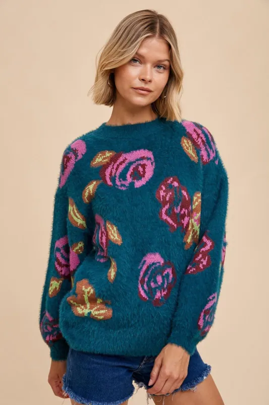 Dark Teal Floral Fuzzy Knit Sweater sold by Pinkblush