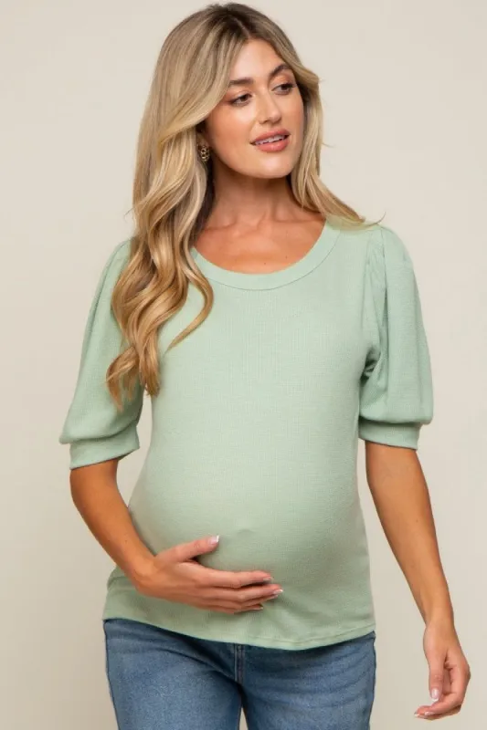 Light Olive Puff Sleeve Waffle Knit Maternity Top sold by Pinkblush