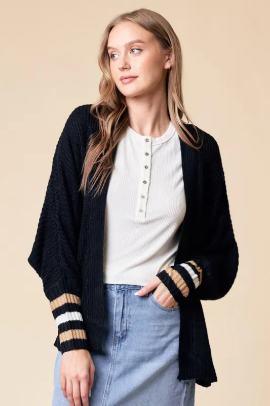 Black Striped Dolman Sleeve Cardigan sold by Pinkblush