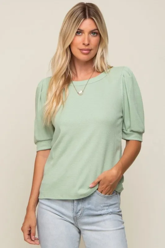 Light Olive Puff Sleeve Waffle Knit Top sold by Pinkblush