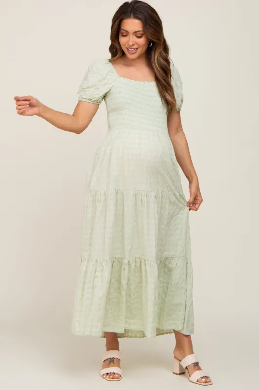 Mint Green Star Print Smocked Square Neck Maternity Midi Dress sold by Pinkblush