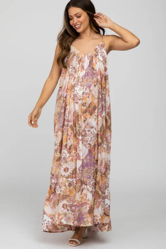 Multi-Color Floral Ruffle Hem Maternity Maxi Dress sold by Pinkblush