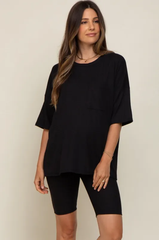 Black Ribbed Biker Short Maternity Sleep Set sold by Pinkblush
