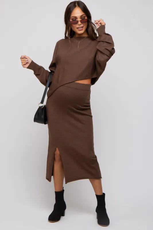 Brown Knit Long Sleeve Crop Top Maternity Midi Skirt Set sold by Pinkblush
