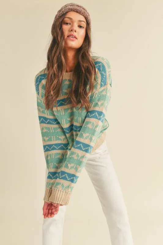 Mint Teal Abstract Faire Isle Striped Sweater sold by Pinkblush