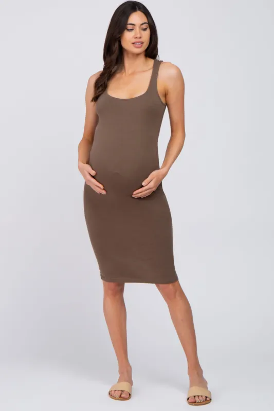 Mocha Basic Sleeveless Maternity Fitted Dress sold by Pinkblush