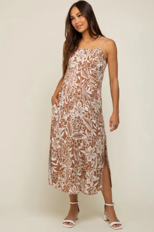 Mocha Floral Side Slit Maternity Midi Dress sold by Pinkblush