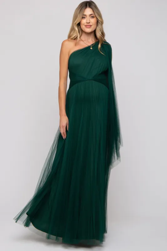 Forest Green One Shoulder Pleated Mesh Maternity Gown sold by Pinkblush