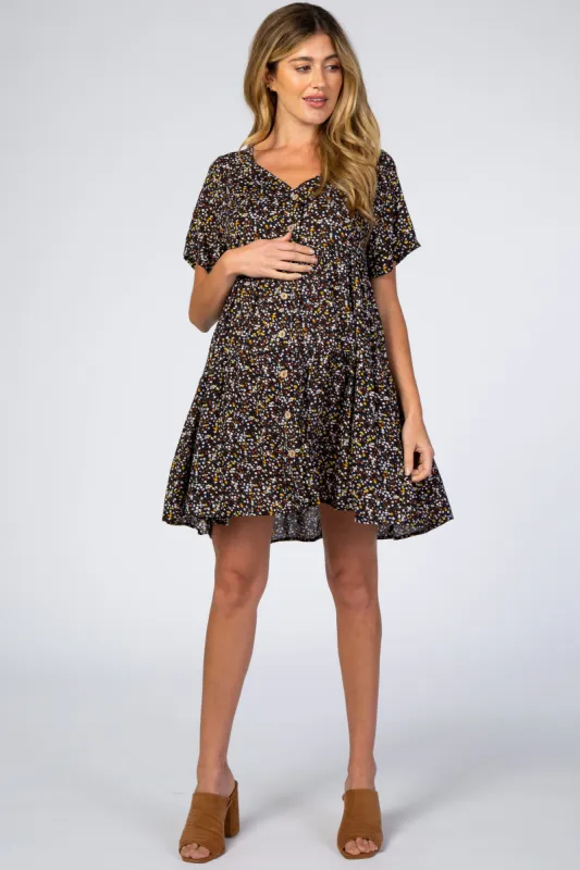 Navy Blue Floral Button Front Maternity Mini Dress sold by Pinkblush