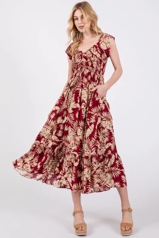 Burgundy Tropical Print Smocked Short Sleeve Maxi Dress sold by Pinkblush