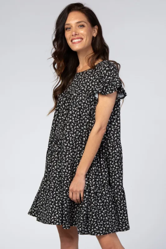 Black Floral Tiered Mini Dress sold by Pinkblush