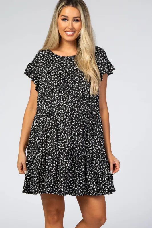 Black Floral Tiered Maternity Mini Dress sold by Pinkblush