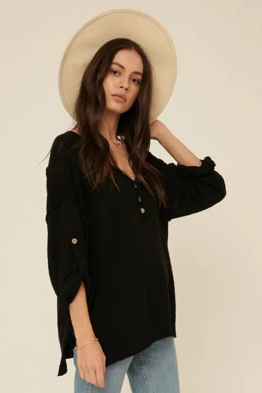 Black Lightweight Knit Oversized Roll-Up Henley Sweater sold by Pinkblush
