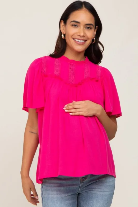 Magenta Floral Crochet Ruffled Maternity Blouse sold by Pinkblush