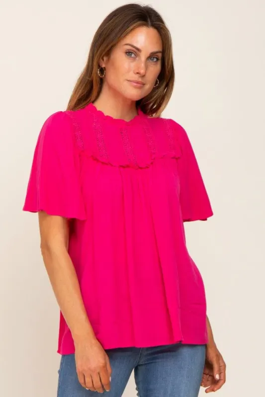 Magenta Floral Crochet Ruffled Blouse sold by Pinkblush