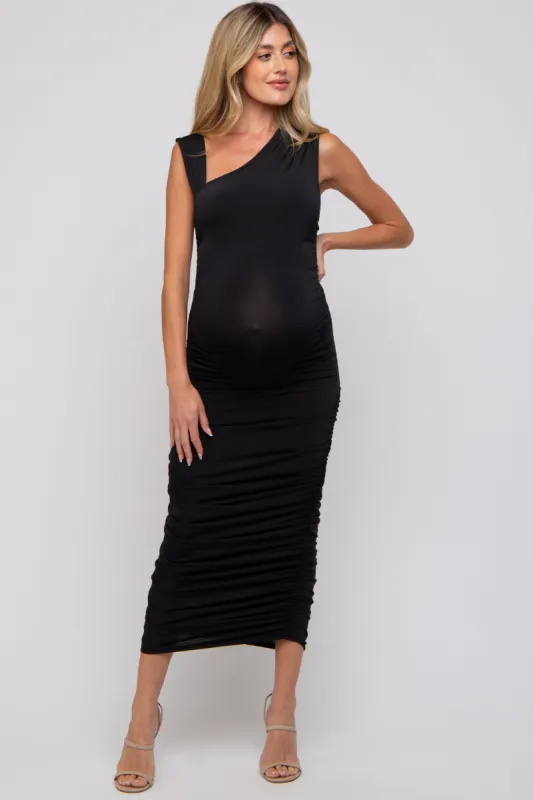 Black Asymmetrical Ruched Maternity Midi Dress sold by Pinkblush
