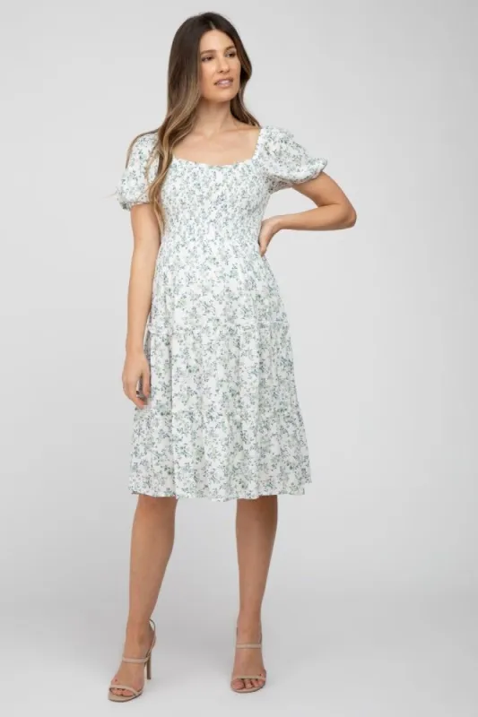 Ivory Smocked Button Accent Maternity Dress sold by Pinkblush