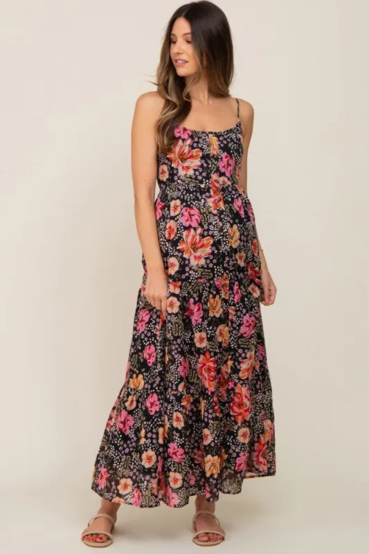Black Floral Button Front Tiered Ruffle Maternity Maxi Dress sold by Pinkblush