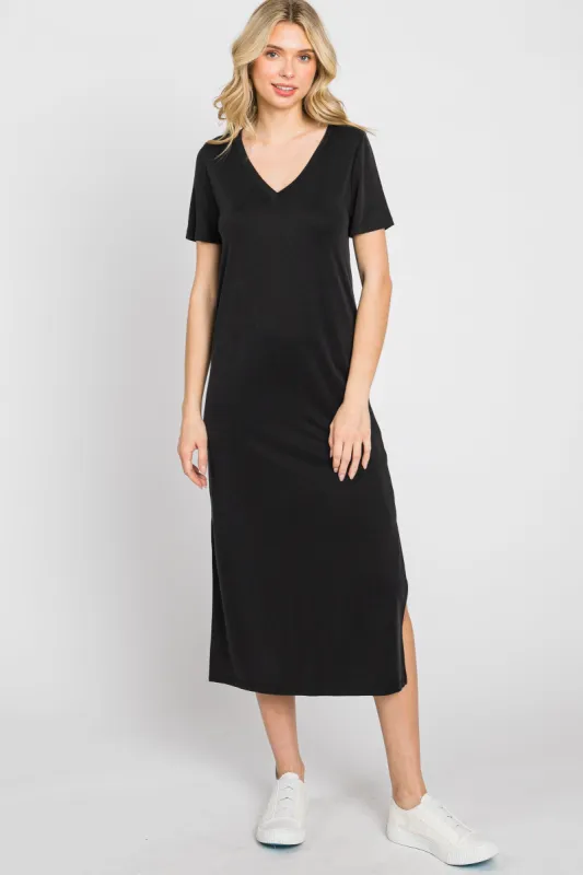 Black V-Neck Short Sleeve Side Slit Midi Dress sold by Pinkblush