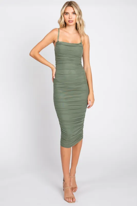 Olive Ruched Mesh Square Neck Midi Dress sold by Pinkblush