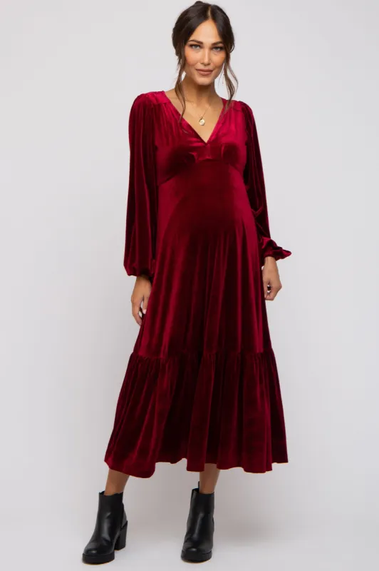 Burgundy V-Neck Ruffle Hem Velvet Maternity Midi Dress sold by Pinkblush