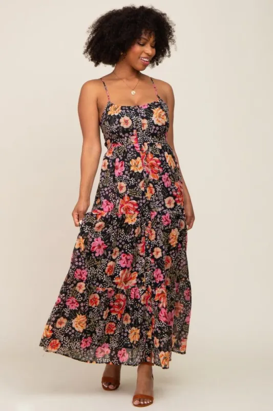 Black Floral Button Front Tiered Ruffle Maxi Dress sold by Pinkblush