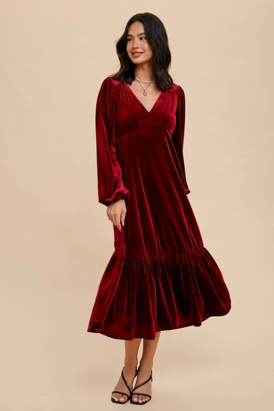 Burgundy V-Neck Ruffle Hem Velvet Midi Dress sold by Pinkblush