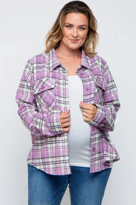 Lavender Plaid Button Down Plus Maternity Flannel sold by Pinkblush