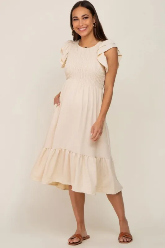 Beige Smocked Layered Ruffle Flutter Sleeve Maternity Midi Dress sold by Pinkblush