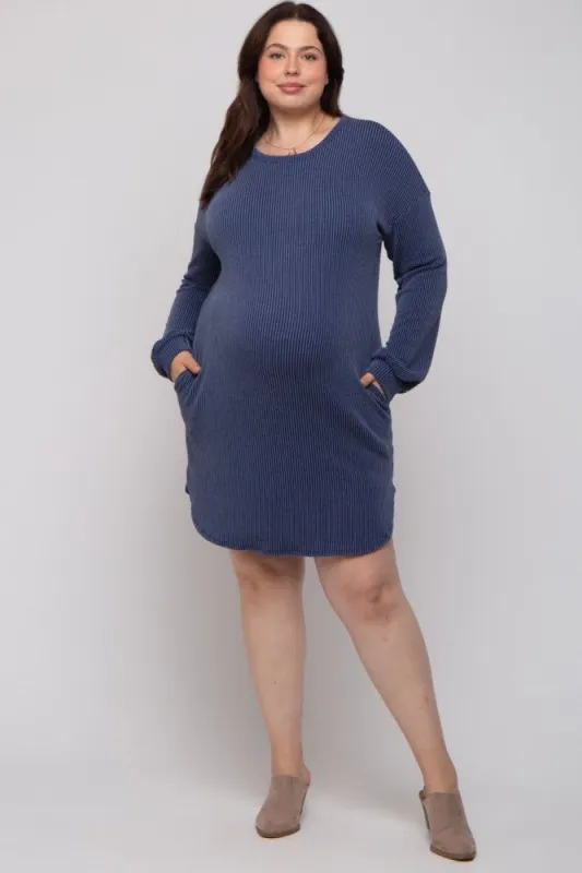 Navy Rib Knit Long Sleeve Maternity Plus Dress sold by Pinkblush