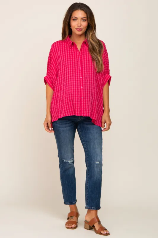Red Gingham Button Up Collared Boxy Maternity Top sold by Pinkblush
