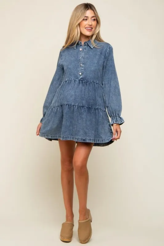 Blue Denim Long Sleeve Tiered Maternity Dress sold by Pinkblush