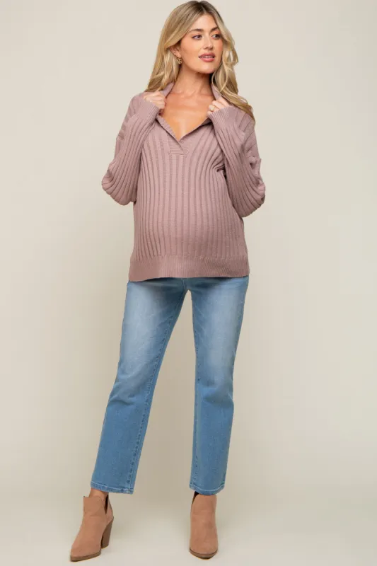 Mauve Ribbed Knit Collared Long Sleeve Maternity Top sold by Pinkblush