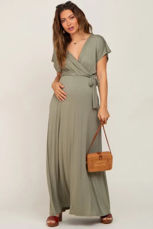 Light Olive Basic Maternity Wrap Maxi Dress sold by Pinkblush