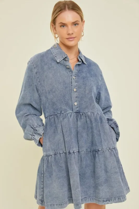 Blue Denim Long Sleeve Tiered Dress sold by Pinkblush