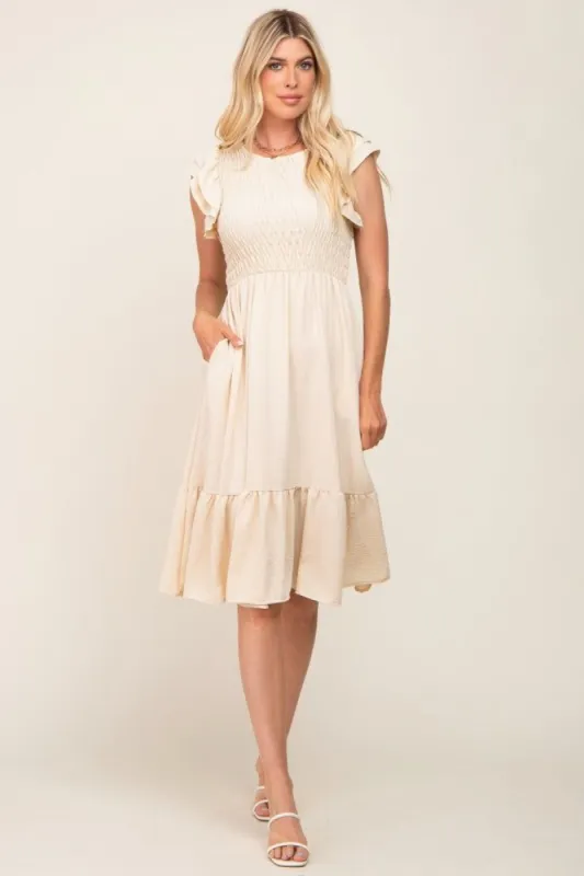 Beige Smocked Layered Ruffle Flutter Sleeve Midi Dress sold by Pinkblush