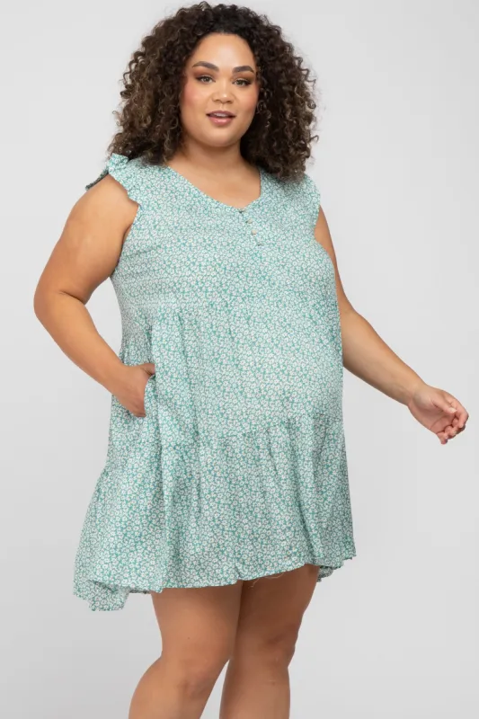 Mint Green Floral Button Front Tiered Maternity Plus Dress sold by Pinkblush