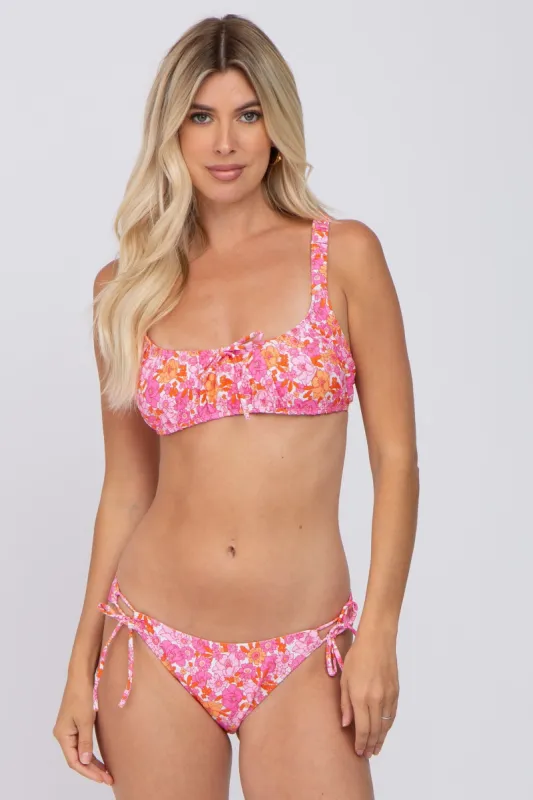 Pink Floral Sweetheart Neck Front Tie Bikini Swim Set sold by Pinkblush